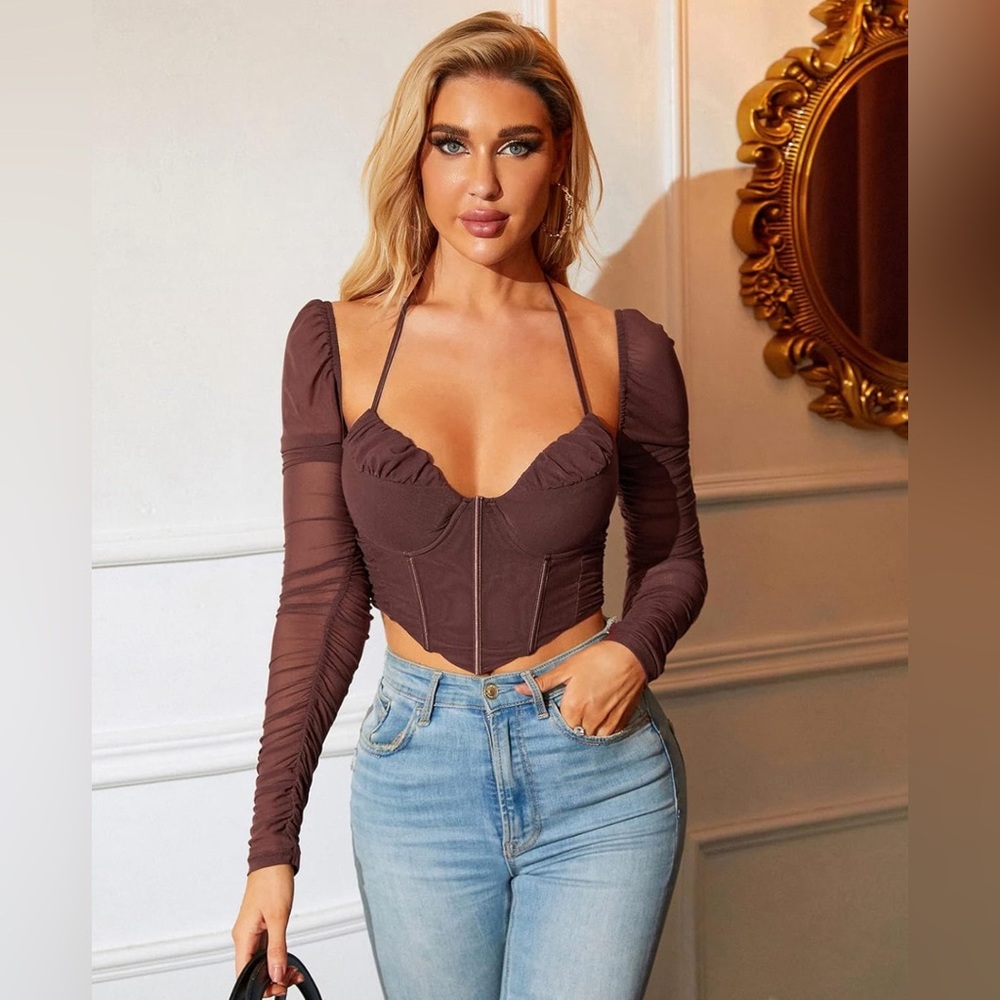 HTZMO Long Sleeve Corset Crop Top Tie Up Halter Bustier Zip Boned Sexy Blouses
